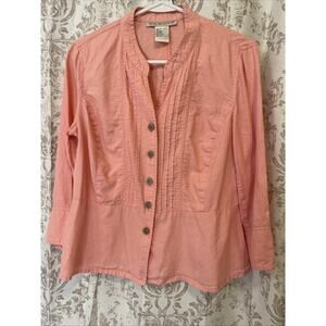 Requirements-Pink Linen Blend ButtonUp Top-Small-3/4 Sleeve,Pleated, Mock Peplum